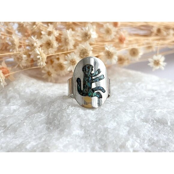 RARE Taxco Mexico Monkey Abalone Inlaid 925 Sterling Silver Vintage Ring - sz 8 - Picture 11 of 14